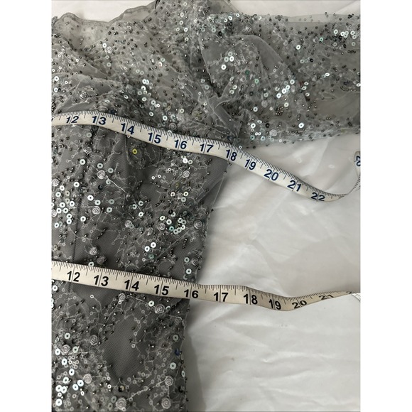 NWT $458 La Femme [ 10 ] 30002 Lace Beaded Short Midi A Line Dress Silver S2106 - Picture 4 of 13